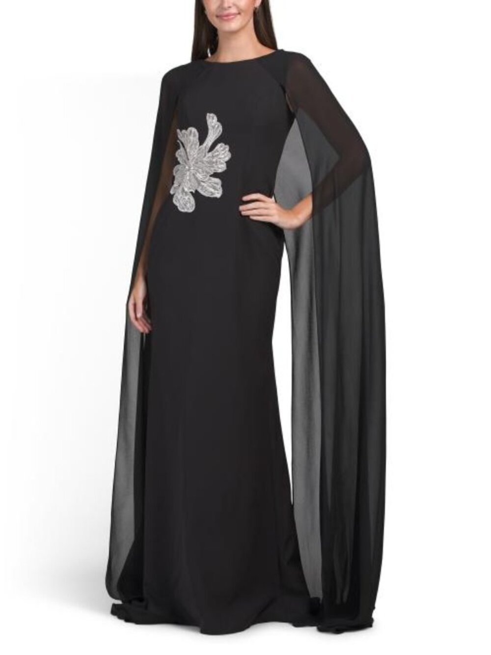 TERANI COUTURE Floral Embellished Cape Gown